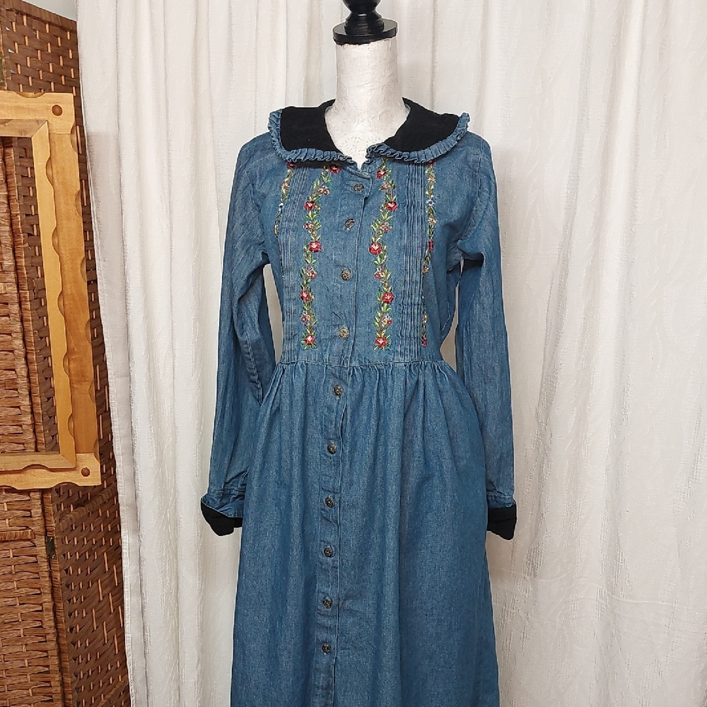 Rare Vintage 90s FADS Prairie Cottagecore Embroidered Denim Prairie Dream Dress - Picture 7 of 14